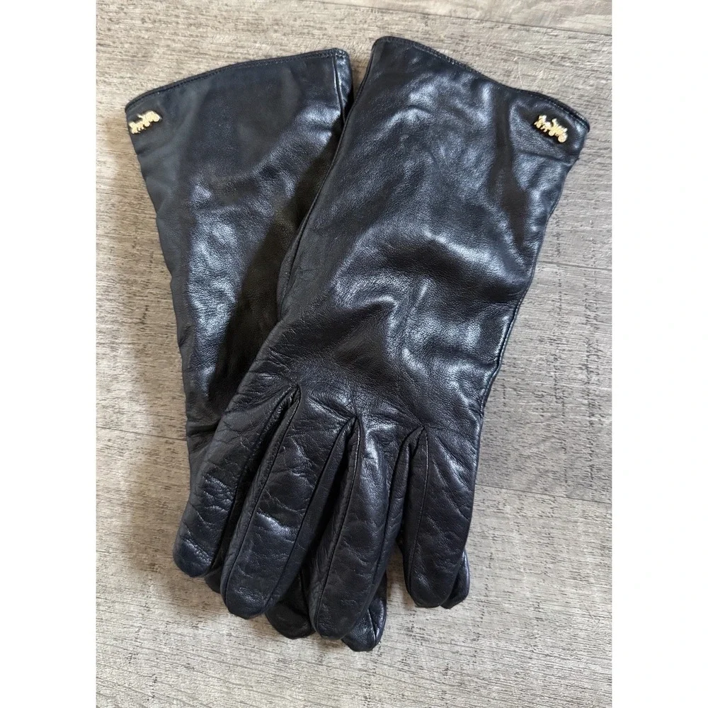 Coach Black Sheep Leather Women's Gloves Size 7.5 100% Wool Lining Gold Logo
